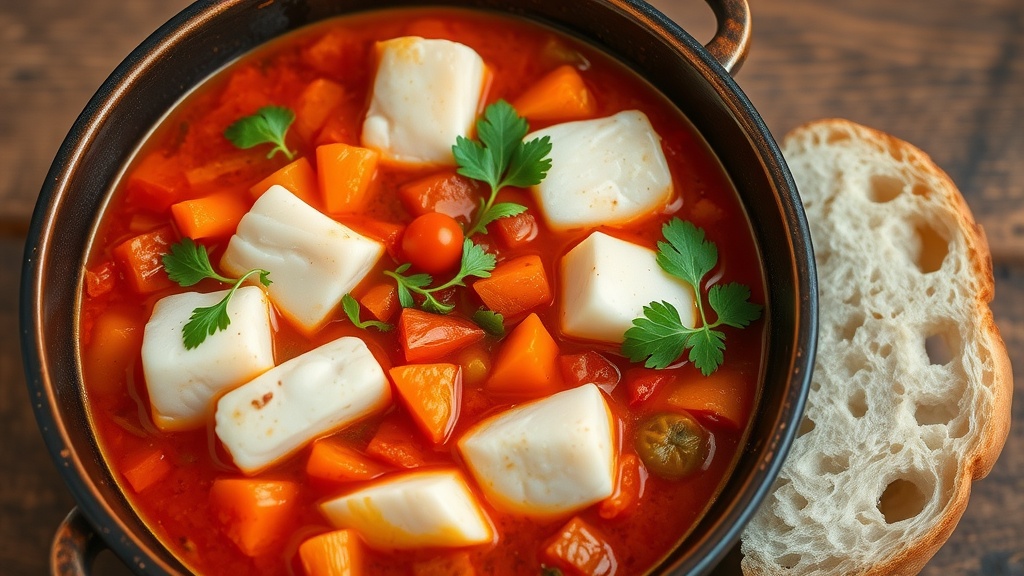 Savory Mediterranean Fish Stew Recipe A bowl of Mediterranean fish stew with white fish, bell peppers, and parsley on a wooden table with bread.